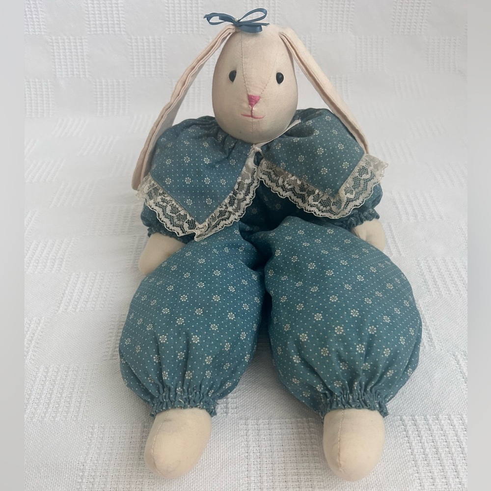 Primitive Sitting Bunny Doll Blue Calico Cottage Easter Decor
